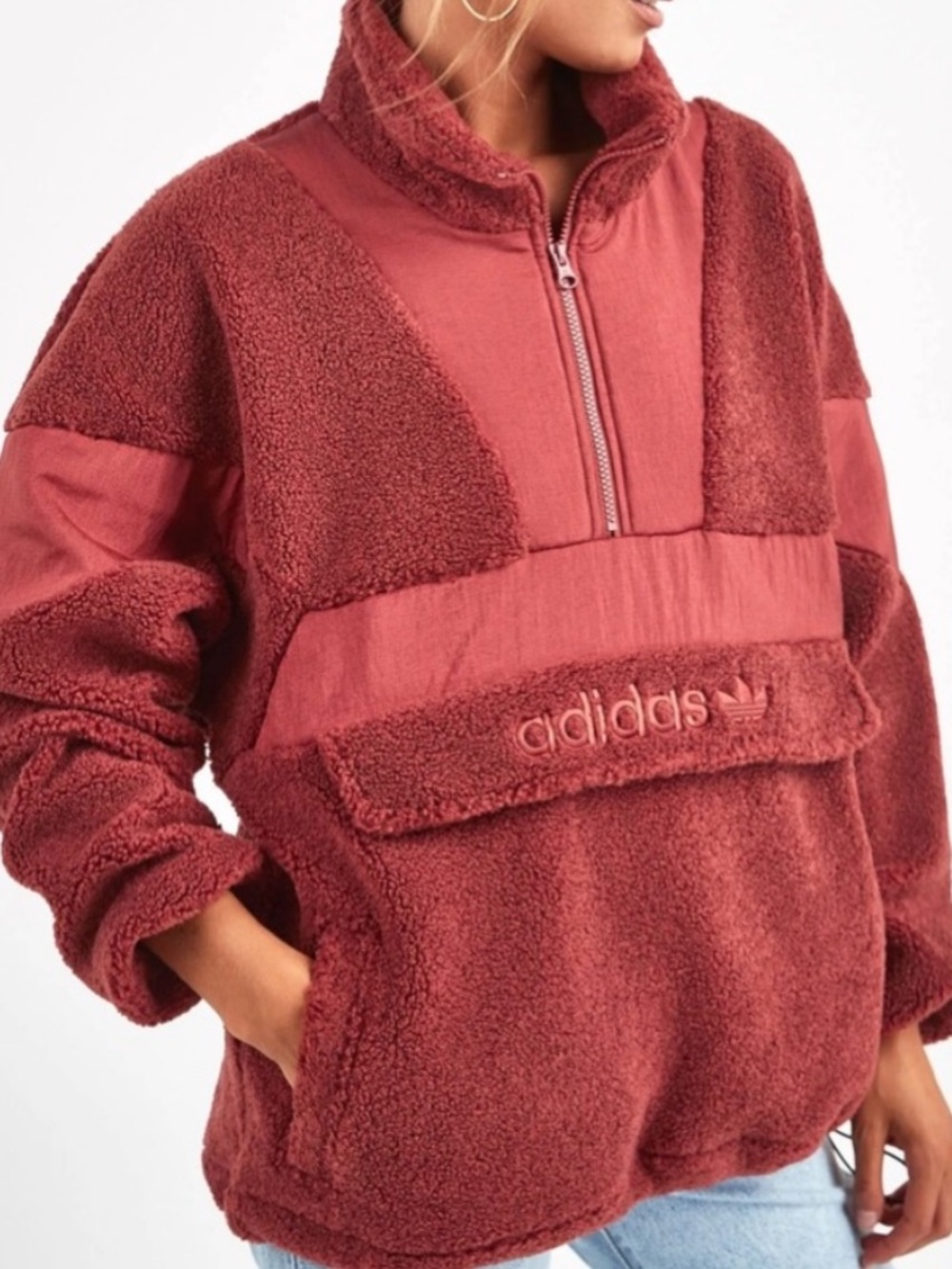 Adidas Originals Sherpa Fleece Teddy sweatshirt jacket Mystery Red Medium